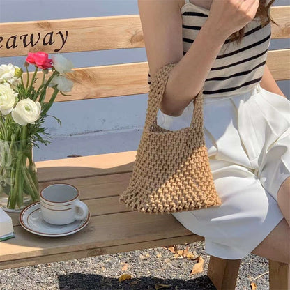 Realaiot Beach Crochet Handbag for Women Girls Summer Straw Rope Hollow Out Hand Woven Totes Bag Women's Hollow Knitting Handbag Purses