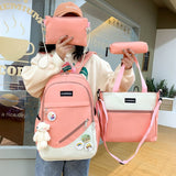 Realaiot 4 Pcs Sets Canvas Schoolbags For Teenager Girls Women Backpack Contrast Color Kawaii Women Laptop Backpack Student Kids Rucksack