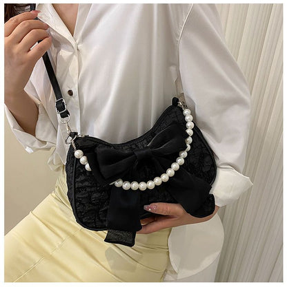 Realaiot Fashion Pearl Chains Design Female Shoulder Messenger Bag Sweet Bow Ladies Crossbody Bags Flower Pattern Women Square Handbags