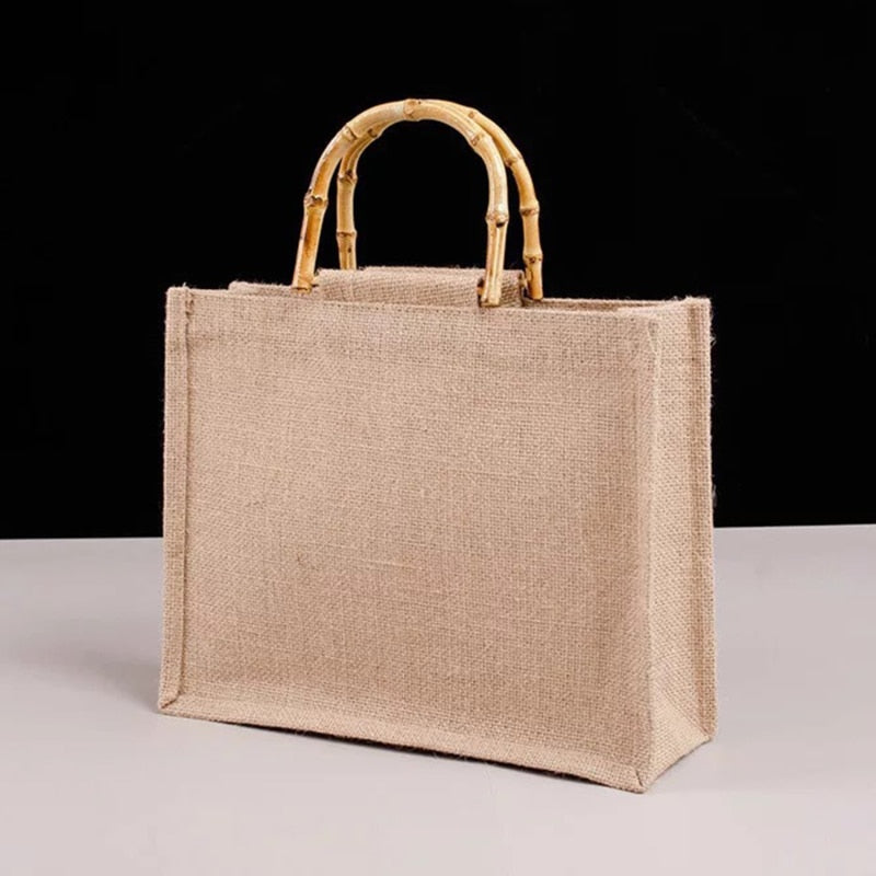 Cyflymder Portable Burlap Jute Shopping Bag Handbag Bamboo Loop Handles Tote Retro DIY Bag Handbag Women Big Size Beach Bag For Girls
