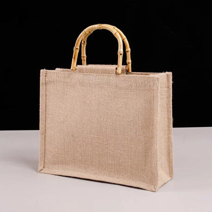 Cyflymder Portable Burlap Jute Shopping Bag Handbag Bamboo Loop Handles Tote Retro DIY Bag Handbag Women Big Size Beach Bag For Girls