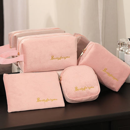 Realaiot 4pics Set Velvet Cosmetic Bag Ins Fashion Letter Embroidered Cosmetic Storage Bags Women Portable Travel Makeup Box