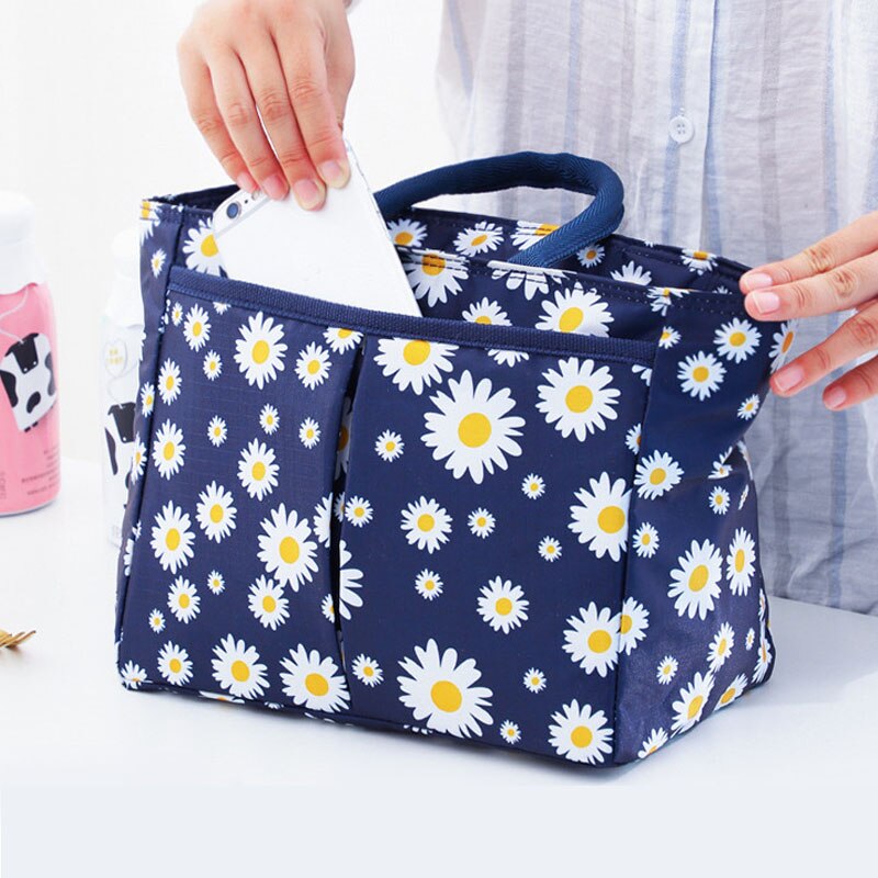 Cyflymder Oxford Cloth Large Capacity Thermal Lunch Bag Daisy Printed Food Bento Insulated Pouch Picnic Breakfast Cooler Bags for School