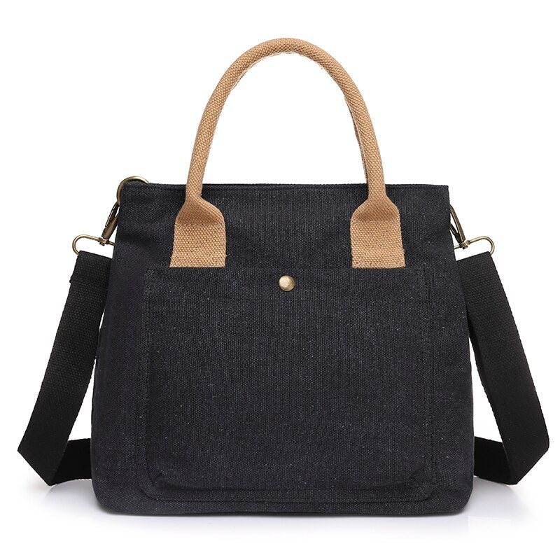 Cyflymder Mini Tote Bags For Women Simple Fashion Canvas Black Shoulder Messenger Bag Plain Color Multi Pockets Handbags Bolso Mujer