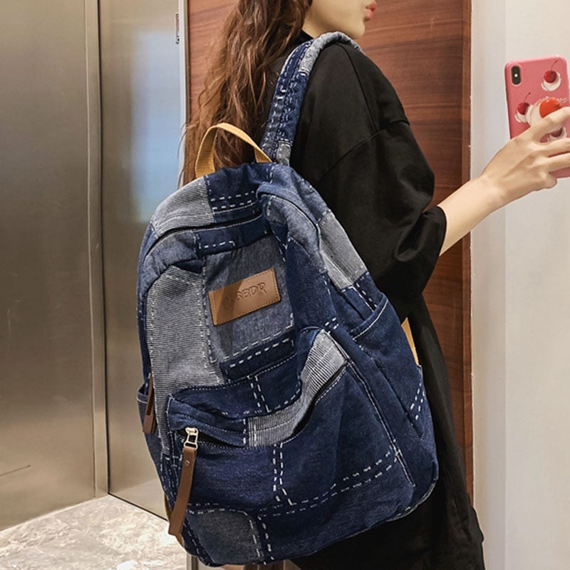 Cyflymder New Women Denim Vintage College Backpack Lady Leisure Retro Trendy Female Patchwork Book Bag Fashion Girl Cute Travel School Bag