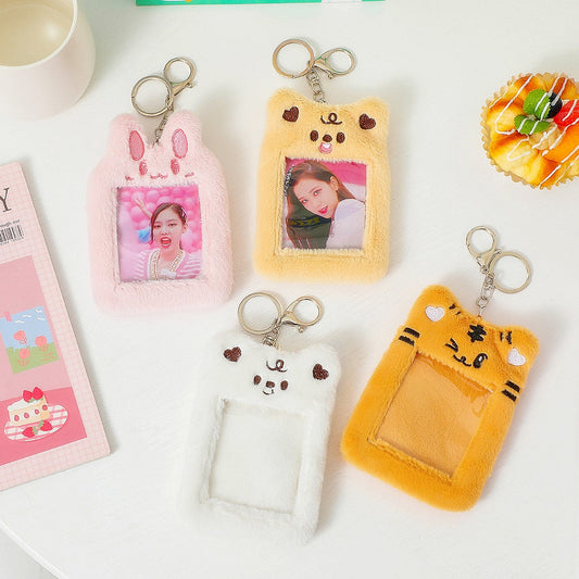 Realaiot Korea Cute Bear Rabbit Plush Photocard Holder Kawaii Kpop Idol Photo Sleeve Case ID Card Cover With Keychain Bag Pendant Decor