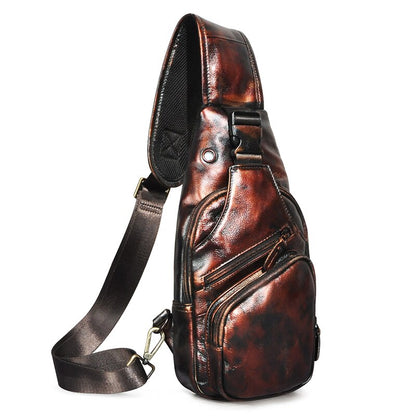 Realaiot Top Quality Crazy horse Leather Triangle Crossbody Chest Sling Bag For Men Design Travel One Shoulder Bag Daypack Male