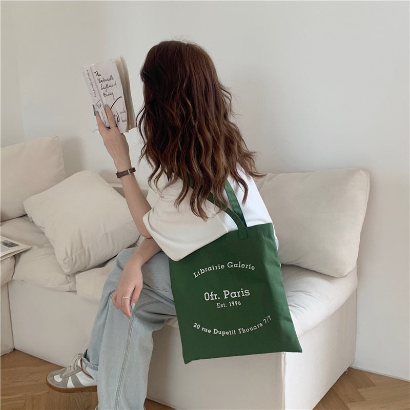 Realaiot Women Canvas Shoulder Bag Paris Letter Print Ladies Casual Handbag Tote Bag Reusable Large Capacity Cotton Shopping Beach Bag