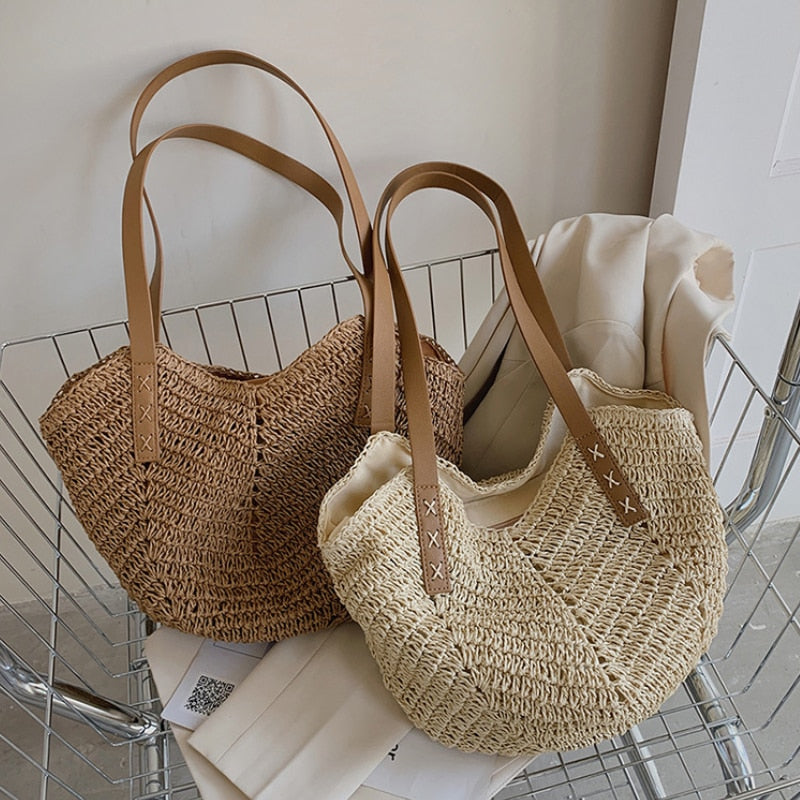 Realaiot Weave Tote Bag Female Bohemian Shoulder Bags for Women Summer Beach Straw Handbags and Purses Lady Travel Shopping Bags