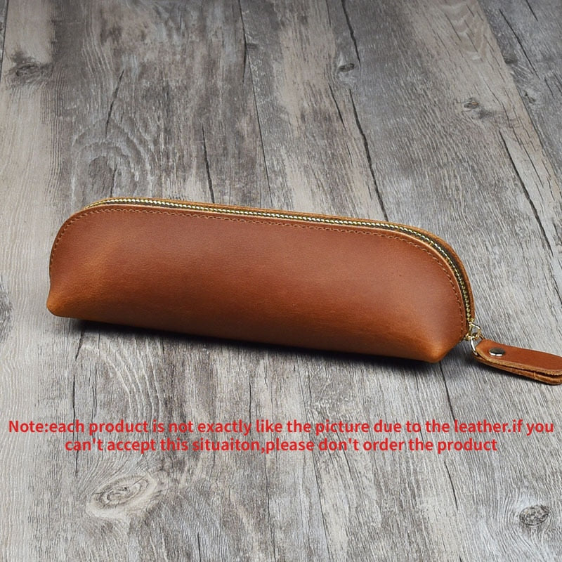 Realaiot Handmade Genuine Leather Pencil Bag Retro Simple Stationery Holder Pen Case Storage Bag Zipper Pencil Pouch Glasses Case