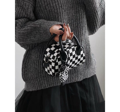 Realaiot Black White Plaid Boston Bag Checkerboard Small Handbags For Women With Flower Pendant Messenger Bag Female Womens Pouch