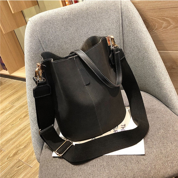 Cyflymder Messenger bag Women Bucket Shoulder Bag large capacity vintage Matte PU Leather lady handbag Luxury Designer bolsos mujer Black