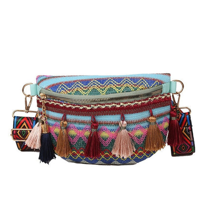 Realaiot Women Folk Style Waist Bags with Adjustable Strap Variegated Color Fanny Pack with Fringe Decor Pochete Feminina Ri?onera Belt