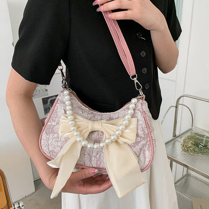 Realaiot Fashion Pearl Chains Design Female Shoulder Messenger Bag Sweet Bow Ladies Crossbody Bags Flower Pattern Women Square Handbags