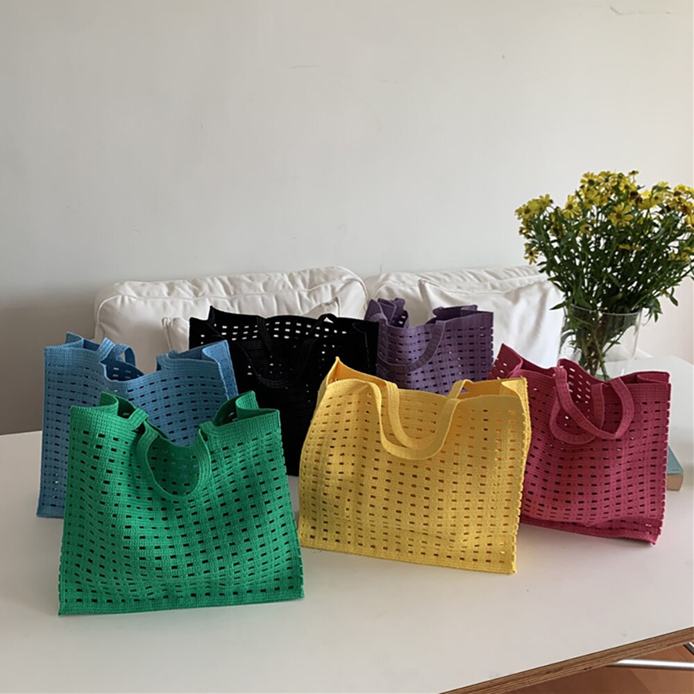 Realaiot Handbags Shopping Women Bag Totes Female Hollow Out Crochet Spring Summer Hand-woven Hollow-out Fashion Tote Purple Bags