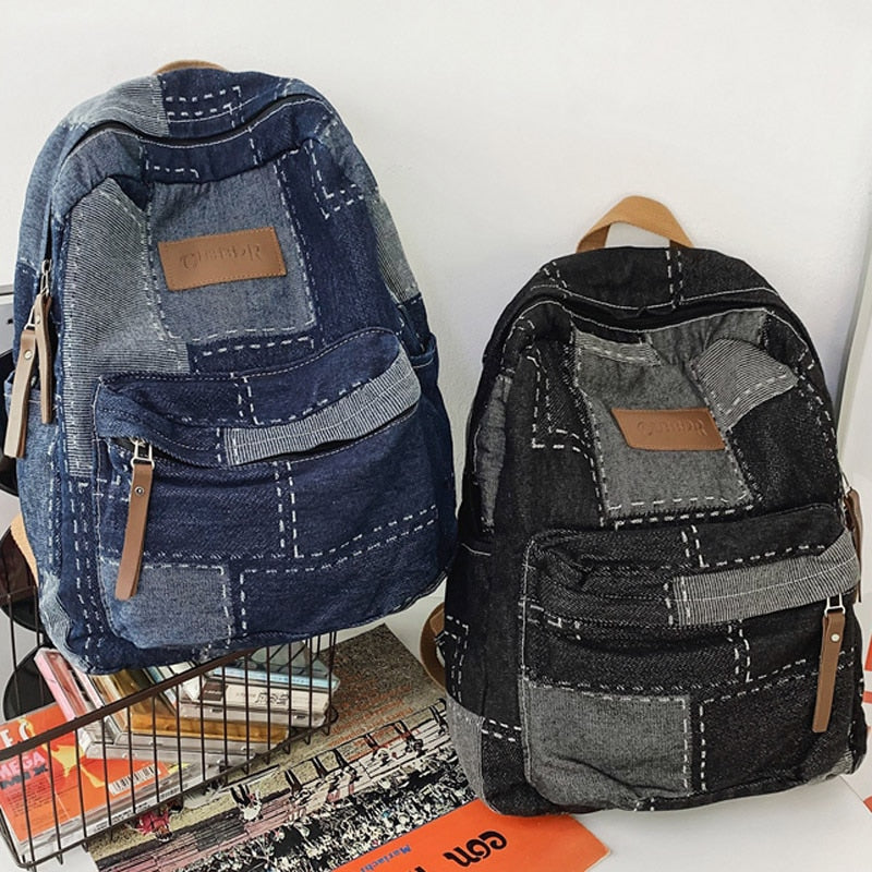 Cyflymder New Women Denim Vintage College Backpack Lady Leisure Retro Trendy Female Patchwork Book Bag Fashion Girl Cute Travel School Bag