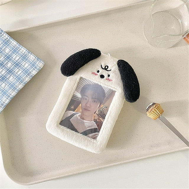 Realaiot Korea Cute Bear Rabbit Plush Photocard Holder Kawaii Kpop Idol Photo Sleeve Case ID Card Cover With Keychain Bag Pendant Decor