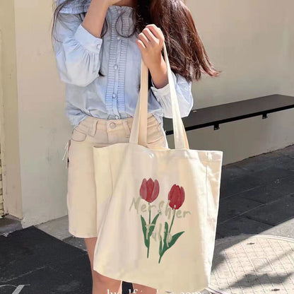 Realaiot Women Canvas Large Capacity Cotton Reusable Shoulder Bag Tulips Printing Ladies Casual Handbag Tote Bag Shopping Beach Bag