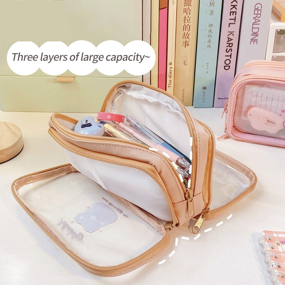 Realaiot Big Capacity Transparent Pencil Case Waterproof  PVC Stationery Gift Girls Students Pencil Bag Kawaii Storage Bag