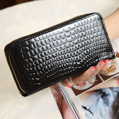 Realaiot Female Long Purse Fashion Bright Lacquered Coin Handbag Solid Color Double Zipper Larger Capacity Card Stone Pattern Long Wallet