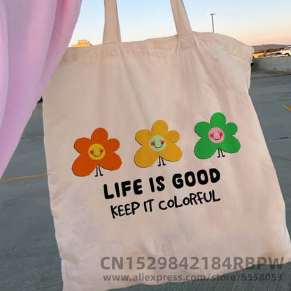 Cyflymder Retro Flower Power Y2K Floral Women Canvas Tote Bag Girl Reusable Shopper Foldable Ecobag Aesthetic Student Book Handbags