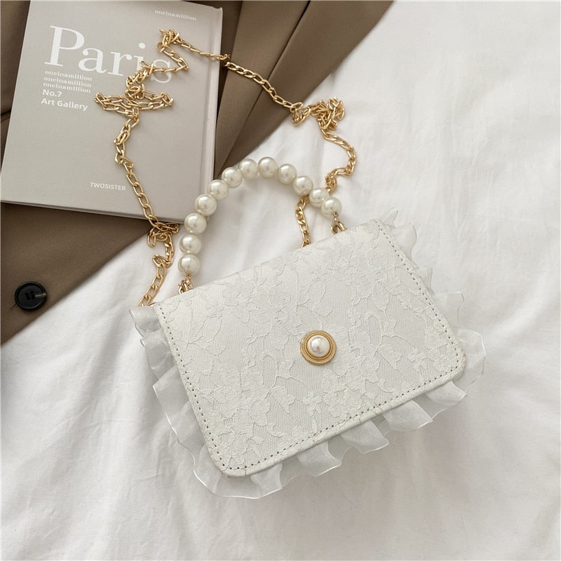 Cyflymder Retro Crossbody Bags for Women Vintage Lace Pearl Chain Ladies Small Square Shoulder Bag Female Clutch Purse Handbags Messenger