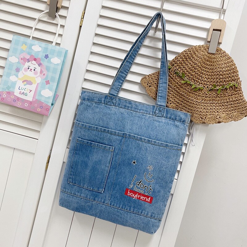 Realaiot Vintage Denim Splicing Shoulder Bag Fashion Student Class Bags Casual Large Capacity Canvas Tote Underarm Bag