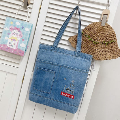 Realaiot Vintage Denim Splicing Shoulder Bag Fashion Student Class Bags Casual Large Capacity Canvas Tote Underarm Bag