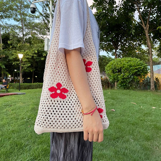 Realaiot Summer Flower Handbag Women'S Knitted Shoulder Bag Large Capacity Shopping Tote Simple Woven Hollow Mesh Beach Bags New