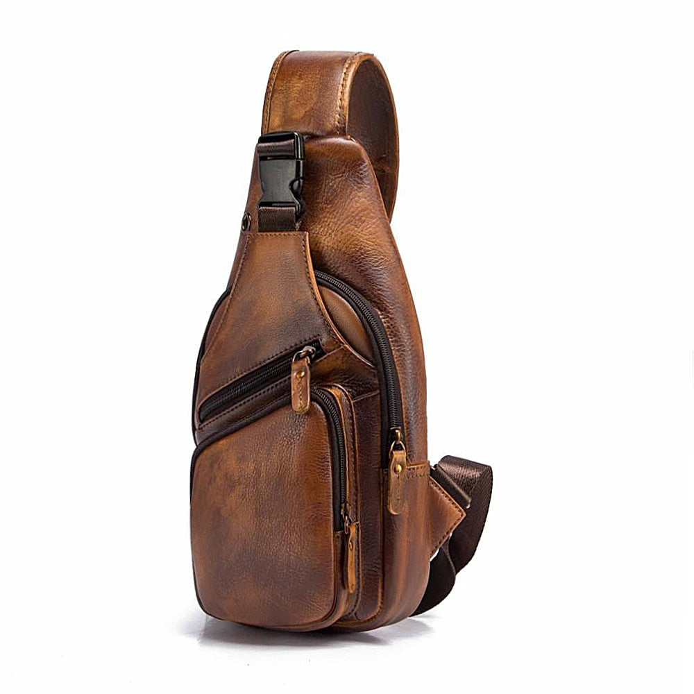 Realaiot Top Quality Crazy horse Leather Triangle Crossbody Chest Sling Bag For Men Design Travel One Shoulder Bag Daypack Male