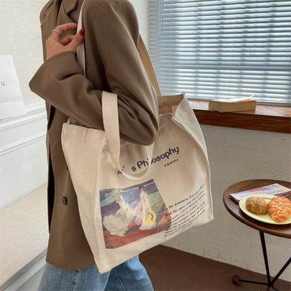 Cyflymder Retro Literary Art Canvas Bag Blue Letter Handbag Van Gogh Large Capacity Shopping Bag Women's Eco-Friendly Foldable Tote Bag