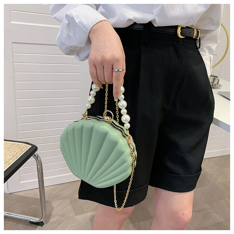 Realaiot Evening Bags Shell Shape Women Clutch Bags New Wedding Bridal Handbag Pearl Beaded Fashion Shell Chain Party Bags