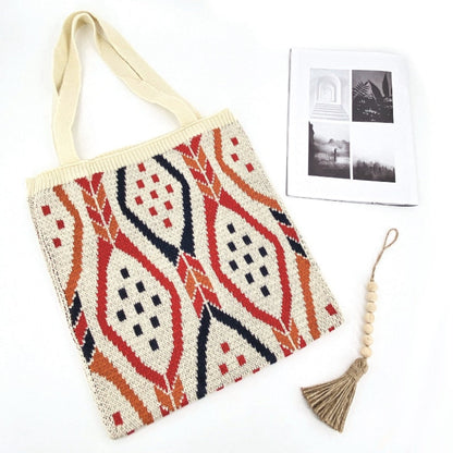 Realaiot Lady Knitting Gypsy Bohemian Boho Chic Aztec Handbag Women Crochet Woolen Open Shopper Top-handle Bag  for Female Tote Bags