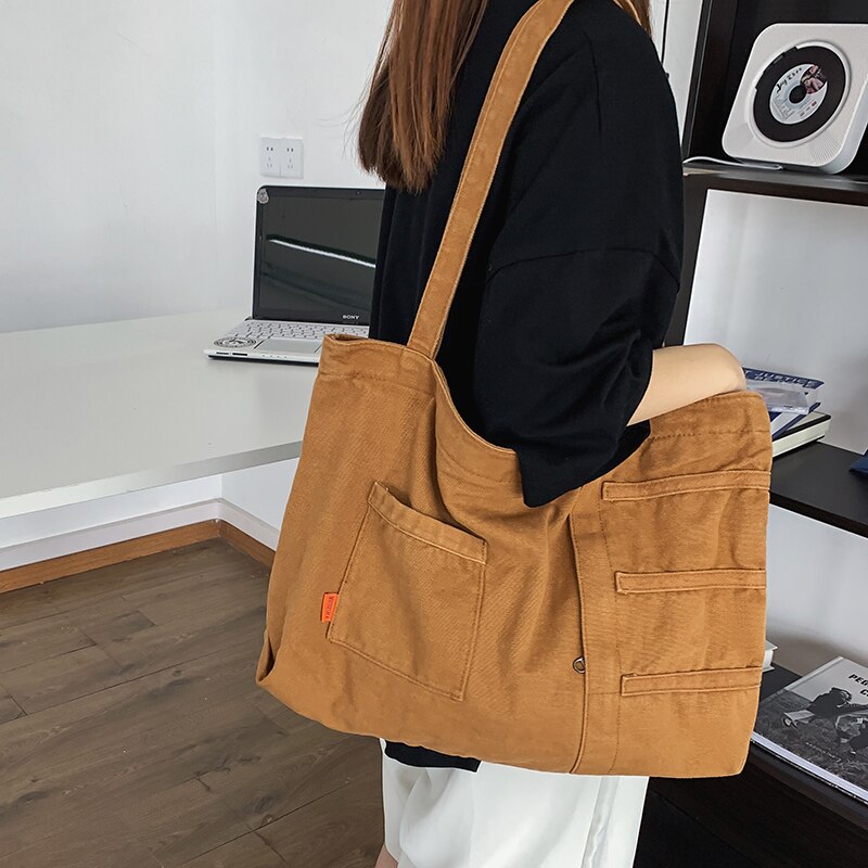 Cyflymder New Fashion Women Bag Large Capacity Casual Shoulder Bags Solid Color Daily Shopping Bags Canvas Students Schoolbag