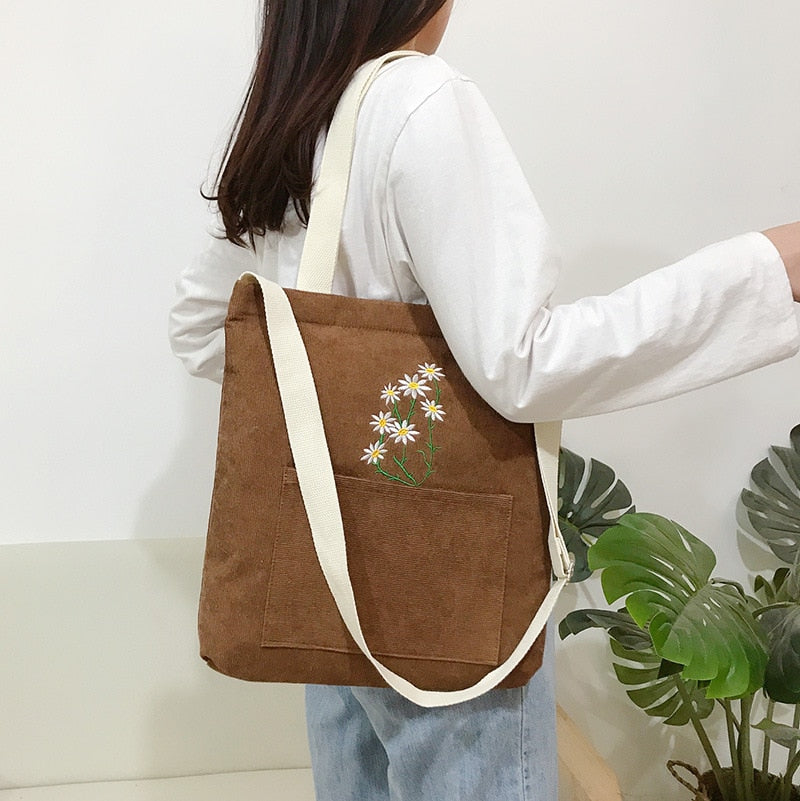 Cyflymder Large Women Shoulder Shopper Bag Ladies Canvas Tote Shopping Bags Corduroy Female Handbag Crossbody Book Bags for Girl Student