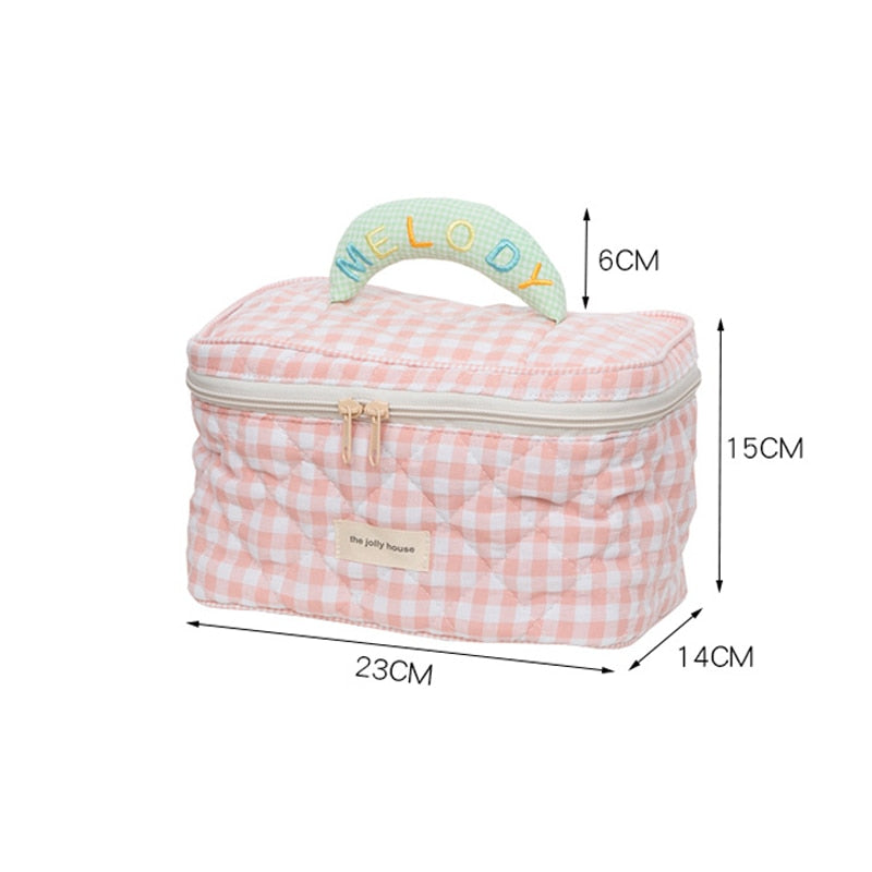 Cyflymder Plaid Pattern Toiletries Case Flip Makeup Bag With Zipper Quilted Cotton Cosmetics Storage Box For Woman And Girls