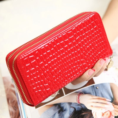 Realaiot Female Long Purse Fashion Bright Lacquered Coin Handbag Solid Color Double Zipper Larger Capacity Card Stone Pattern Long Wallet