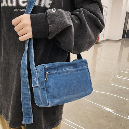 Realaiot Simple Solid Women Canvas Bag Female Washed Denim Shoulder Bag Girl Boy Leisure Crossbody Bag College Student Travel Handbag