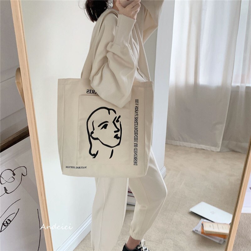 Realaiot Women Canvas Shoulder Bag Henrimatisse Printing Ladies Casual Handbag Tote Bag Large Capacity Cotton Reusable Shopping Beach Bag