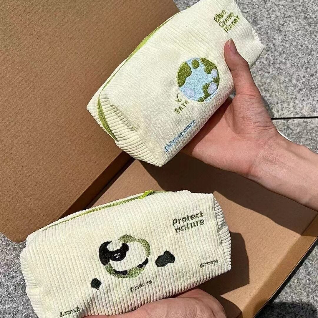 Realaiot Cartoon Cute Sheep Earth Canvas Pencil Case Kawaii Portable Student Stationery School Supplies Back To School Pen Bag Pouch