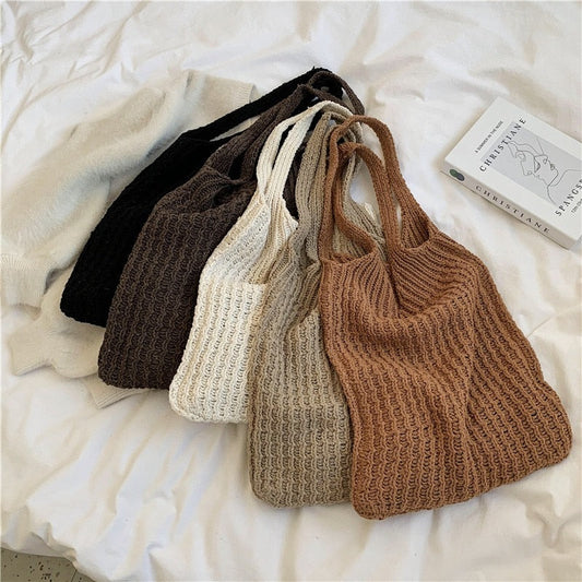 Cyflymder New Wool Knitted Shoulder Shopping Bag for Women Vintage Fashion Cotton Cloth Girls Tote Shopper Bag Large Female Handbag