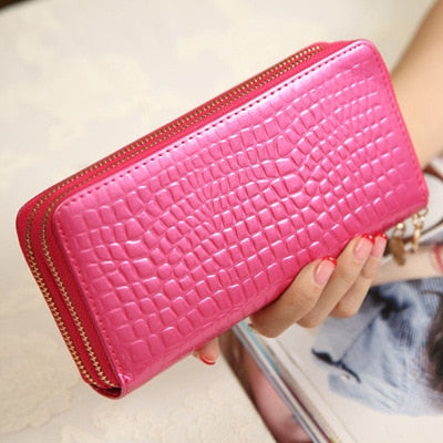 Realaiot Female Long Purse Fashion Bright Lacquered Coin Handbag Solid Color Double Zipper Larger Capacity Card Stone Pattern Long Wallet