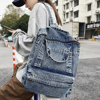 Cyflymder New Denim Women Backpack Retro Travel Bagpack Large Capacity Backbag College Student School Bags for Teenager Girls Rugtas