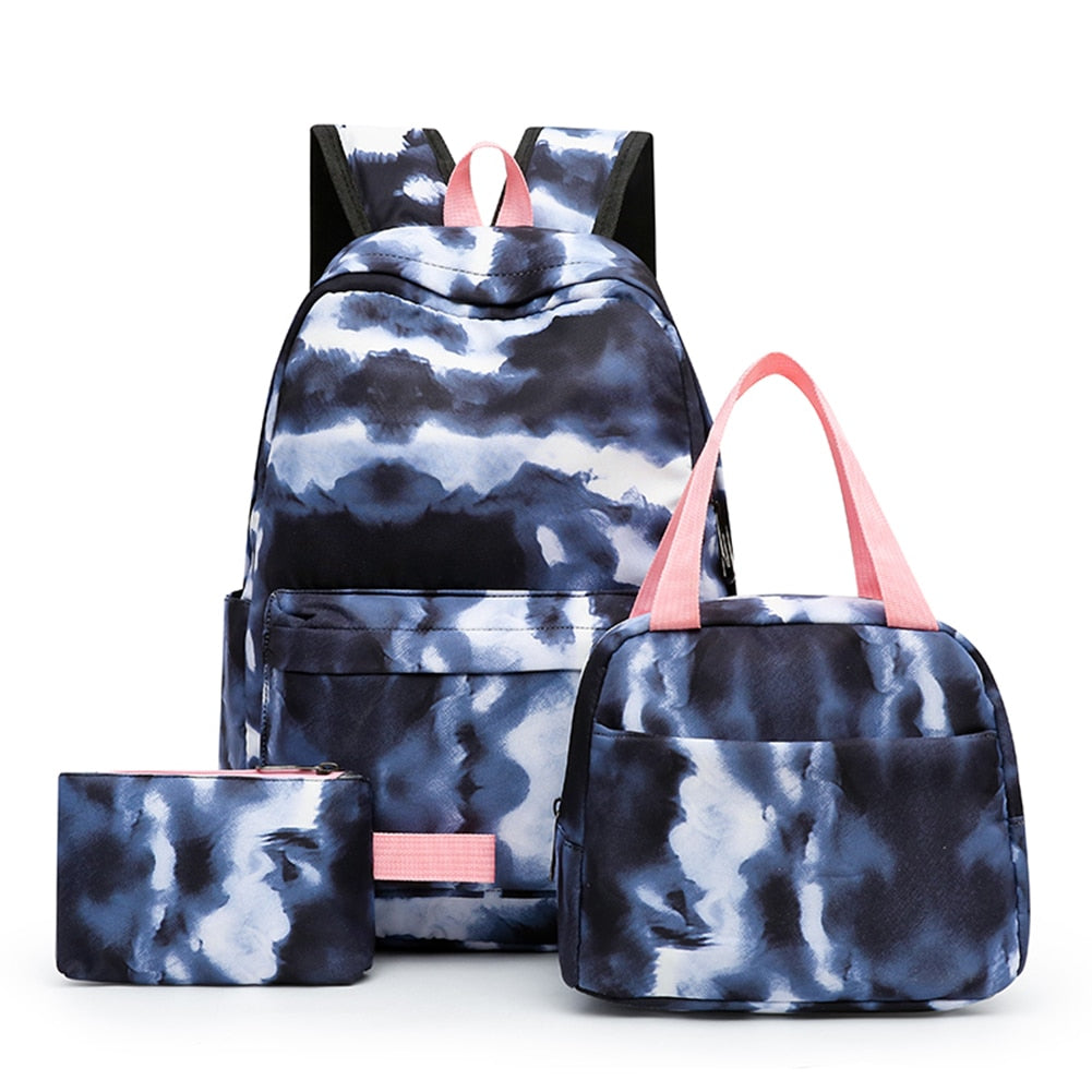 Realaiot 3pcs/set Student Schoolbags Fashion Tie Dye Printing Women Backpack Laptop Bookbags Pencil Case Purse Set for Teenagers Girls