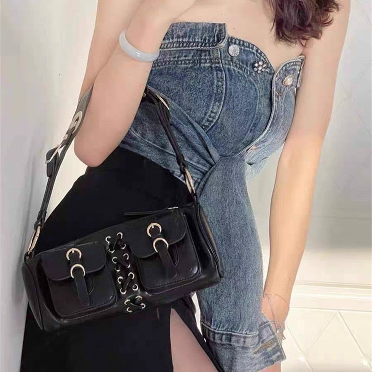 Realaiot Vintage Black Women Cylinder Underarm Bags Double Pocket Design Ladies Shoulder Bag Fashion Female PU Leather Purse Handbags