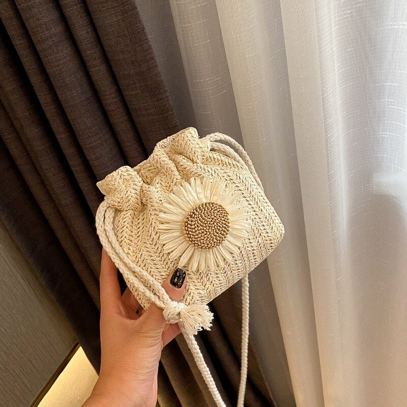 Realaiot Creative Design Women Beach Straw Bags Classic Texture Chic Sunflower Drawstring Woven Bucket Crossbody Shoulder Messenger Pouch