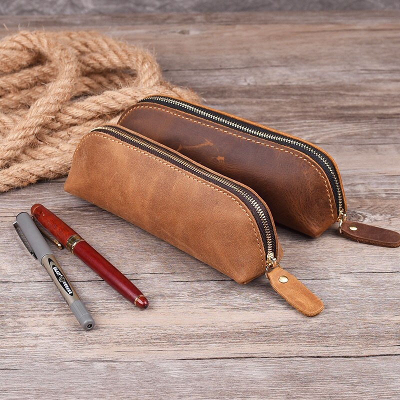 Realaiot Handmade Genuine Leather Pencil Bag Retro Simple Stationery Holder Pen Case Storage Bag Zipper Pencil Pouch Glasses Case