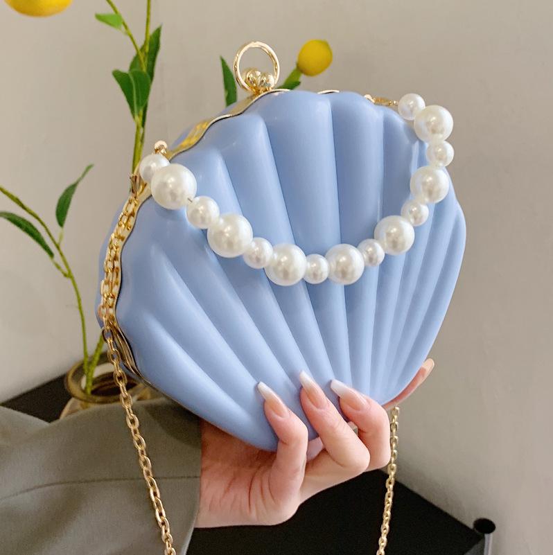 Realaiot Evening Bags Shell Shape Women Clutch Bags New Wedding Bridal Handbag Pearl Beaded Fashion Shell Chain Party Bags