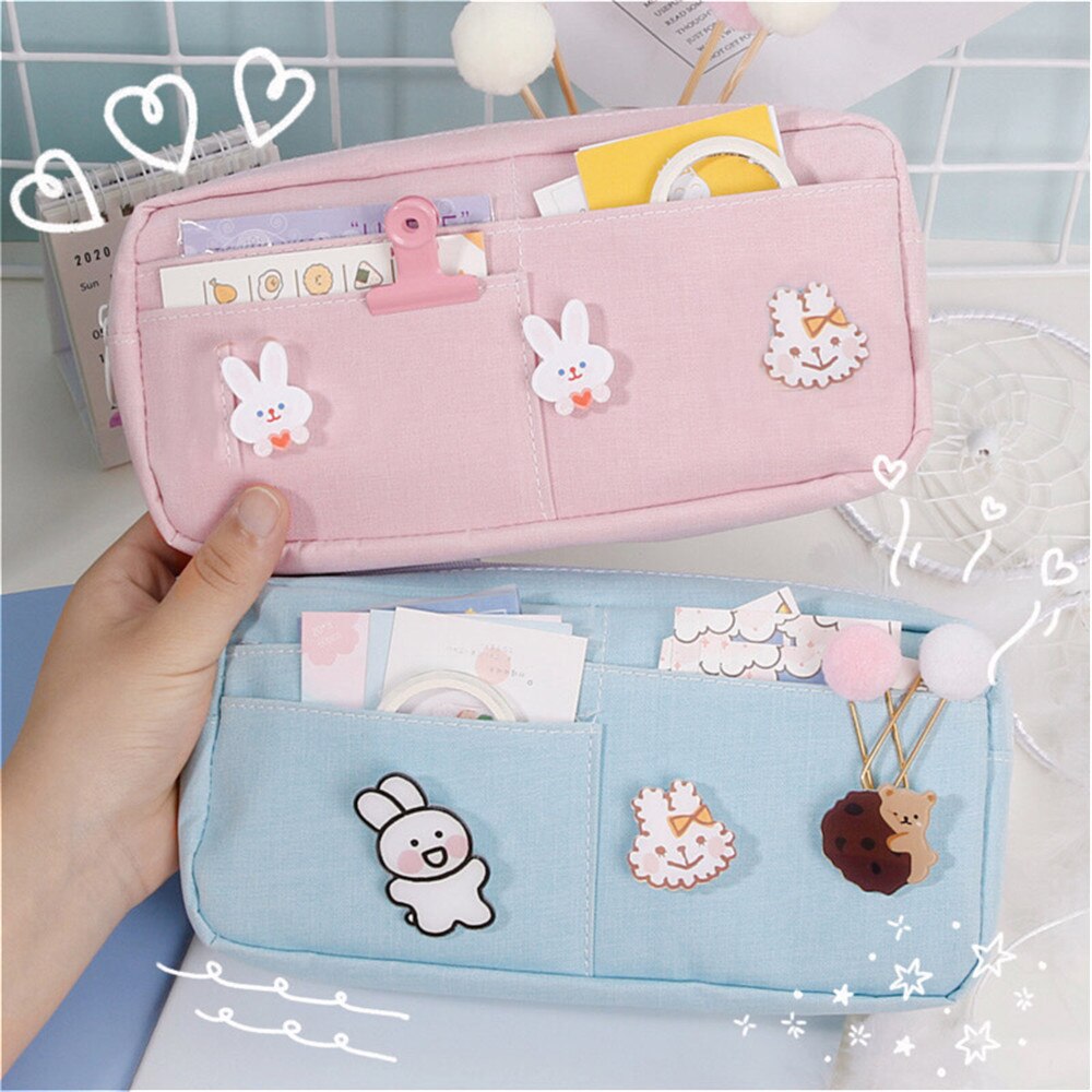 Realaiot Kawaii Pencil Case Candy Color Pencil Bag with Badges Large Capacity Pen Case Canvas Stationery Holder Organizer Back To School