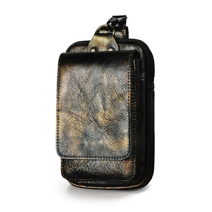 Realaiot Vintage Crazy Horse Leather Small Summer Hip Bum Pouch Hook Design Cigarette Case 7" Phone Pouch Fanny Waist Pack Belt Bag